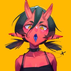 Rule 34 | 1girl, black hair, black shirt, blue tongue, breasts, cleavage, collar, colored tongue, cross, cross necklace, ear piercing, earrings, fei (1042471593), hair between eyes, highres, horns, jewelry, looking at viewer, low twintails, necklace, oni, oni horns, original, piercing, pointy ears, red horns, red oni, shirt, short twintails, small breasts, solo, spiked collar, spikes, stud earrings, tongue, tongue out, twintails, upper body, yellow background, yellow eyes