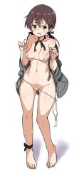 Rule 34 | 1girl, bikini, blush, breasts, brown eyes, brown hair, buta-don, full body, gertrud barkhorn, highres, long hair, looking at viewer, medium breasts, navel, shiny skin, simple background, solo, standing, strike witches, string bikini, swimsuit, twintails, untied bikini, white background, white bikini, world witches series