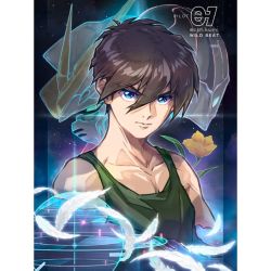 Rule 34 | 1boy, blue eyes, brown hair, channelsquare, collarbone, commentary, english commentary, feathers, flower, green tank top, gundam, gundam wing, heero yuy, male focus, mask, mecha, mobile suit, pillarboxed, projected inset, robot, science fiction, solo focus, tank top, v-fin, v-shaped eyebrows, wing gundam, yellow flower, zechs merquise