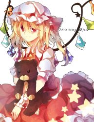 Rule 34 | 1girl, athria, blonde hair, dated, flandre scarlet, highres, long hair, pointy ears, red eyes, ribbon, smile, solo, star (symbol), stuffed animal, stuffed toy, touhou, wings