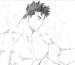Rule 34 | 1boy, aged down, bara, beard, boku no hero academia, closed eyes, endeavor (boku no hero academia), facial hair, from side, greyscale, highres, large pectorals, male focus, mellow s07, monochrome, muscular, muscular male, nipples, nude, pectorals, short hair, showering, sideburns, sideburns stubble, solo, spiked hair, stubble, thick eyebrows, upper body, wet