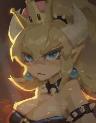 Rule 34 | 1girl, armlet, blonde hair, blush, bowsette, breasts, cleavage, collar, crown, earrings, fang, horns, hozure, jewelry, large breasts, long hair, mario (series), new super mario bros. u deluxe, nintendo, pointy ears, ponytail, sketch, spiked armlet, spiked collar, spikes, super crown