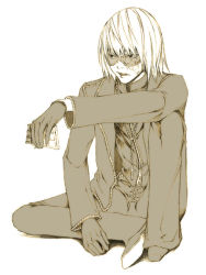 Rule 34 | 00s, 1boy, candy, chocolate, chocolate bar, cross, cross necklace, death note, eating, food, glasses, gloves, jewelry, latin cross, male focus, mello (death note), monochrome, necklace, scar, short hair, simple background, sitting, solo, white background