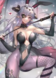 Rule 34 | 1girl, animal ear fluff, animal ears, asymmetrical legwear, bare shoulders, breasts, cleavage, clothing cutout, demon horns, detached collar, earrings, eyepatch, fingerless gloves, fishnet thighhighs, fishnets, gloves, grey hair, heart, highleg, highleg leotard, highres, hitowa, holding, holding whip, horns, jewelry, large breasts, leg up, leotard, long hair, nail polish, navel, navel cutout, original, pantyhose, parted lips, pink nails, plunging neckline, pointy ears, purple eyes, rabbit ears, smile, solo, spoken heart, strapless, strapless leotard, switch, thighhighs, thighs, very long hair