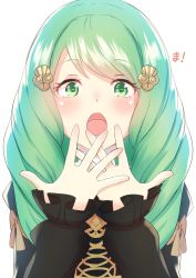 Rule 34 | 1girl, blush, fire emblem, fire emblem: three houses, fire emblem heroes, flayn (fire emblem), garreg mach monastery uniform, green eyes, green hair, hair ornament, hairclip, hands on own face, highres, long hair, looking at viewer, nintendo, open mouth, parupome, solo, surprised, upper body, white background