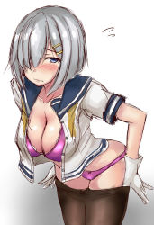 Rule 34 | 1girl, bad id, bad pixiv id, blue eyes, blue sailor collar, blush, bra, breasts, cleavage, closed mouth, clothes pull, collarbone, flying sweatdrops, frown, gloves, gradient background, hair over one eye, half-closed eyes, hamakaze (kancolle), kantai collection, large breasts, leaning forward, looking at viewer, open clothes, open shirt, panties, pantyhose, pantyhose pull, pink bra, pink panties, pulled by self, sailor collar, school uniform, serafuku, shirt, short hair, short sleeves, silver hair, sketch, solo, standing, terakoya, unbuttoned, unbuttoned shirt, underwear, undressing, white background, white gloves, white shirt