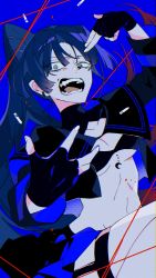 Rule 34 | 1girl, absurdres, ado (utaite), black bra, black gloves, blue background, blue hair, blue theme, bra, bright pupils, chromatic aberration, commentary, crescent, dark blue hair, fangs, fingerless gloves, garter straps, gloves, grey eyes, halftone, high ponytail, highres, limited palette, long hair, long sleeves, looking at viewer, naima (ado), omutatsu, open mouth, shrug (clothing), simple background, solo, stomach, string, thigh strap, underwear, usseewa, utaite, very long hair, white pupils