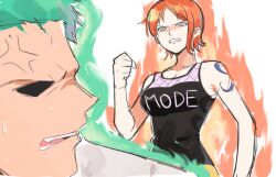 Rule 34 | 1boy, 1girl, anger vein, bad id, bad twitter id, clenched hand, clenched teeth, commentary request, green hair, joman, korean commentary, looking at another, looking down, nami (one piece), one piece, orange hair, pink eyes, profile, roronoa zoro, short hair, shoulder tattoo, sidelocks, simple background, sweatdrop, tank top, tattoo, teeth, upper body