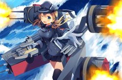 Rule 34 | 10s, 1girl, ;d, anchor hair ornament, black skirt, black thighhighs, blonde hair, blue eyes, blush, covered navel, firing, gloves, hair ornament, hat, impossible clothes, kantai collection, long hair, long sleeves, machinery, microskirt, military, military uniform, one eye closed, open mouth, over-kneehighs, peaked cap, pleated skirt, prinz eugen (kancolle), ribbon, skirt, smile, solo, thighhighs, turret, twintails, uniform, water, waves, white gloves, yashiro seika