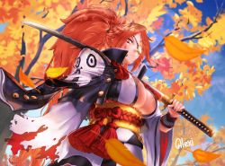 Rule 34 | 1girl, absurdres, alexi ansell, amputee, artist name, autumn leaves, baiken, breasts, cleavage, dated, eyepatch, guilty gear, guilty gear strive, highres, holding, holding weapon, japanese clothes, katana, kimono, large breasts, long hair, looking at viewer, looking down, mouth hold, over shoulder, pink hair, ponytail, rope, rope belt, sash, skull print, solo, stalk in mouth, sword, tree, weapon, weapon over shoulder, wind
