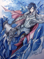 Rule 34 | 1boy, alternate costume, armor, bad id, bad pixiv id, blue eyes, cape, crystal, gauntlets, headband, league of legends, male focus, red cape, shoulder spikes, signature, solo, spikes, taric, traditional media, war hammer, warhammer, weapon, yeshi