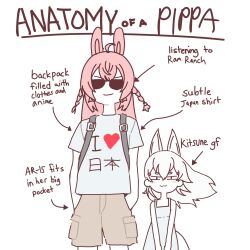 Rule 34 | 2girls, anatomy of a gamer (meme), animal ears, blush, braid, brown pants, dress, english text, fox ears, fox girl, fox tail, hair ornament, height difference, highres, long hair, looking at viewer, meme, multiple girls, pants, phase connect, pink hair, pipkin pippa, rabbit ears, rabbit girl, sand eater34, shirt, simple background, smile, tail, tenma maemi, text print, virtual youtuber, white background, white hair