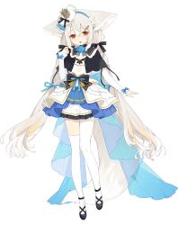 Rule 34 | 1girl, ahoge, animal ear fluff, animal ears, asymmetrical legwear, bacheally, black capelet, black footwear, black ribbon, blue bow, blue flower, blue headband, blue rose, bow, bowtie, braid, bubble skirt, capelet, child, collar, crown, detached collar, detached sleeves, dress, ears down, elbow gloves, flower, fox ears, fox girl, fox tail, frilled sleeves, frills, full body, gloves, hair between eyes, hair bow, hair ornament, hand up, headband, high collar, large ears, large tail, layered dress, long hair, looking at viewer, low twintails, mini crown, open mouth, original, pantyhose, red eyes, ribbon, rose, sakurada shiro (hy plus), shoes, short dress, simple background, single leg pantyhose, single thighhigh, skirt, sleeveless, sleeveless dress, sleeves past wrists, solo, standing, tail, thighhighs, twin braids, twintails, uneven legwear, very long hair, white background, white dress, white hair, white pantyhose, white sleeves, white thighhighs