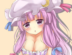 Rule 34 | 1girl, blush, bow, breasts, cleavage, collarbone, crescent, deetamu, covered erect nipples, face, female focus, hair bow, hat, hat ribbon, large breasts, long hair, open mouth, patchouli knowledge, purple eyes, purple hair, ribbon, solo, striped, tam-out (datam), touhou, vertical stripes