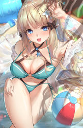 Rule 34 | 1girl, aqua bikini, armpits, ball, bare shoulders, beach, beachball, bikini, black bow, blonde hair, blue eyes, blush, bottle, bow, breasts, cleavage, elf, flower, foot out of frame, hair bow, hair flower, hair ornament, hand up, highres, large breasts, layered bikini, long hair, looking at viewer, loose clothes, mizuha (pixiv56938668), navel, open mouth, pointy ears, princess connect!, saren (princess connect!), saren (summer) (princess connect!), sidelocks, solo, sweat, swimsuit, thighs, very long hair, water bottle, wavy hair