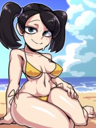 Rule 34 | 1girl, absurdres, aged down, beach, bikini, blue eyes, blue sky, breasts, brown hair, cloud, collarbone, highres, large breasts, looking at viewer, navel, painting fish, side-tie bikini bottom, sitting, skullgirls, sky, smile, solo, squigly (skullgirls), sweat, swimsuit, thick thighs, thighs, twintails
