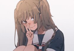 Rule 34 | 1girl, black serafuku, blush, brown eyes, brown hair, close-up, grey background, hair over one eye, kantai collection, long hair, looking at viewer, murasame (kancolle), neckerchief, red neckerchief, sailor collar, school uniform, serafuku, short sleeves, simple background, smile, solo, sumoffu, twintails, upper body, v, white background