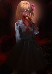 Rule 34 | 1girl, absurdres, black vest, blonde hair, blood, dark, dark background, darkness, ela (lilyvalley8), hair ribbon, hand up, highres, horror (theme), red eyes, red ribbon, ribbon, rumia, short hair, solo, touhou, vest