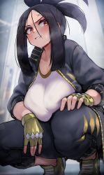 Rule 34 | 1girl, alternate breast size, black hair, black jacket, blush, bra, bra visible through clothes, breasts, creatures (company), cross scar, dendra (pokemon), fingerless gloves, game freak, gloves, highres, huge breasts, jacket, kashu (hizake), long hair, nintendo, pants, pokemon, pokemon sv, red eyes, scar, scar on face, scar on forehead, see-through, shirt, smile, solo, sweat, track jacket, underwear, wet, wet clothes, white shirt