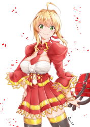 Rule 34 | 1girl, ahoge, bag, blonde hair, blouse, bracelet, breasts, cherry blossoms, cigar cat, cleavage, collar, collared dress, corset, cowboy shot, dress, fate/grand order, fate (series), frilled sleeves, frills, green eyes, hair between eyes, hair intakes, handbag, highres, jewelry, juliet sleeves, large breasts, long hair, long sleeves, looking at viewer, necktie, nero claudius (fate), nero claudius (fate) (all), nero claudius (fate/extra), puffy sleeves, red dress, red ribbon, ribbon, shirt, simple background, smile, solo, thighhighs, white background