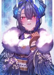 Rule 34 | 1girl, absurdres, asymmetrical horns, black hair, black kimono, blue hair, blush, choker, colored inner hair, craymer, demon horns, frills, hair ornament, highres, hololive, hololive english, horns, japanese clothes, kimono, long hair, looking at viewer, mole, mole under eye, multicolored hair, nerissa ravencroft, nerissa ravencroft (new year), official alternate costume, official alternate hairstyle, open mouth, red eyes, solo, teeth, uneven horns, upper teeth only, virtual youtuber