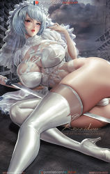 Rule 34 | 1girl, ass, between thighs, blue eyes, breasts, cameltoe, cleavage, curvy, hairband, high heels, katana, large breasts, lexaiduer, looking at viewer, lying, nail polish, nier (series), nier:automata, on side, parted lips, revealing clothes, see-through, short hair, silver hair, solo, sword, thick thighs, thighhighs, thighs, weapon, wide hips, 2b (nier:automata)