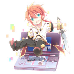 Rule 34 | 00s, 1boy, :d, ahoge, bad id, bad pixiv id, belt, chibi, coat, full body, gloves, green eyes, handheld game console, happy, kinoshita neko, luke fon fabre, male focus, nintendo 3ds, open mouth, pants, red hair, shoes, smile, solo, sword, tales of (series), tales of the abyss, weapon
