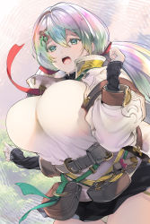 Rule 34 | 1girl, belt, breasts, cupitan (granblue fantasy), gradient hair, granblue fantasy, green eyes, green hair, hair between eyes, hair ornament, highres, large breasts, multicolored hair, naruse hirofumi, open mouth, panties, pink hair, pouch, rainbow hair, ribbed sweater, skirt, solo, sweater, underwear, white hair