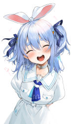 Rule 34 | 1girl, :d, arms behind back, belt, blue hair, blue neckerchief, blue ribbon, carrot hair ornament, choker, closed eyes, dress, facing viewer, food-themed hair ornament, gotou (nekocat), hair between eyes, hair ornament, hair ribbon, head tilt, highres, hololive, long hair, multicolored hair, neckerchief, open mouth, puffy short sleeves, puffy sleeves, ribbon, short eyebrows, short sleeves, simple background, smile, solo, streaked hair, thick eyebrows, translation request, two-tone hair, usada pekora, usada pekora (casual), virtual youtuber, white background, white belt, white choker, white dress, white hair