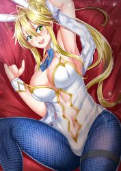 Rule 34 | 1girl, absurdres, ahoge, animal ears, arm up, armpits, artoria pendragon (all), artoria pendragon (fate), artoria pendragon (swimsuit ruler) (fate), bare shoulders, blush, board game, braid, breasts, cleavage, crown, fake animal ears, fate/grand order, fate (series), french braid, fur trim, go (board game), green eyes, hair between eyes, highres, katou shinobu, large breasts, leotard, looking at viewer, lying, open mouth, pantyhose, playboy bunny, rabbit ears, rabbit girl, smile, solo, swept bangs