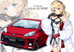 Rule 34 | 1girl, absurdres, alternate costume, bare shoulders, black gloves, blonde hair, blue eyes, breasts, car, character name, closed mouth, cowboy shot, gloves, highres, himura moritaka, holding, holding umbrella, jacket, kantai collection, looking at viewer, medium breasts, medium hair, motor vehicle, ranger (kancolle), red thighhighs, smile, thighhighs, toyota, toyota aqua, umbrella, white jacket, zoom layer