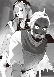Rule 34 | 1boy, 1girl, beard, blush, breath, child, facial hair, hair intakes, hat, highres, holding, holding whip, kanzarin, long hair, monochrome, mustache, non-web source, novel illustration, official art, parted lips, rikaku (touhakuden), sitting, sitting on person, sweatdrop, touhaku (touhakuden), touhakuden, twintails, whip