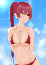 Rule 34 | 1girl, absurdres, arms behind back, bikini, blue sky, blush, breasts, cloud, collarbone, commentary, curvy, day, earrings, hair between eyes, heart, heart necklace, heterochromia, highres, hololive, houshou marine, houshou marine (summer), jewelry, kinokocutter, large breasts, lens flare, long bangs, long hair, looking to the side, navel, necklace, ponytail, red bikini, red hair, sidelocks, sky, stomach, string bikini, sun, sunlight, sweat, swimsuit, turning head, upper body, virtual youtuber