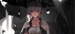 Rule 34 | 1girl, 7wata himori, black umbrella, closed mouth, dark-skinned female, dark skin, dress, fate/prototype, fate/prototype: fragments of blue and silver, fate (series), hassan of serenity (fate), highres, jacket, looking at viewer, people, purple eyes, purple hair, rain, solo focus, umbrella, upper body, white dress