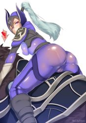 Rule 34 | !, !!, 1girl, artist name, ass, bodysuit, boots, breasts, cameltoe, dota (series), dota 2, helmet, hews, high ponytail, highres, large breasts, long hair, looking at viewer, looking back, luna (dota), pantylines, purple bodysuit, purple eyes, silver hair, simple background, solo, thighs, valve, white background