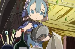 Rule 34 | 1boy, 1girl, bag, black cape, black gloves, black jacket, black pants, blue dress, blue eyes, blue hair, bottle, bowl, cape, capelet, chain, closed mouth, commentary request, cooking, dress, gloves, headdress, holding, jacket, looking down, made in abyss, maruruk, mi (pic52pic), ozen, pants, pouch, short hair, smile, standing, trap, yellow pupils