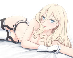 Rule 34 | 1girl, blonde hair, blue eyes, breasts, cleavage, commentary request, garter belt, garter straps, gloves, hair between eyes, highres, kantai collection, long hair, looking at viewer, lying, medium breasts, mole, mole under eye, mole under mouth, multicolored clothes, multicolored gloves, on side, panties, panties over garter belt, richelieu (kancolle), simple background, smile, solo, thighhighs, two-tone gloves, underwear, white background, white panties, white thighhighs, yakuto007