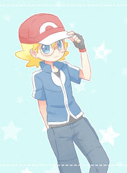 Rule 34 | 1boy, akasaka (qv92612), ash ketchum, ash ketchum (cosplay), baseball cap, black gloves, blonde hair, blue eyes, blue jacket, clemont (pokemon), closed mouth, commentary, cosplay, creatures (company), fingerless gloves, game freak, glasses, gloves, hand on headwear, hand up, hat, jacket, looking at viewer, male focus, nintendo, pants, pokemon, pokemon (anime), pokemon xy (anime), popped collar, red hat, short sleeves, smile, solo