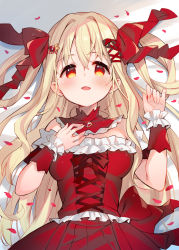 Rule 34 | 1girl, :d, absurdres, bed sheet, blonde hair, bow, breasts, commentary request, dress, frilled dress, frills, hair between eyes, hair bow, hands up, highres, leoria (red corruption), long hair, lying, medium breasts, meito (maze), off-shoulder dress, off shoulder, on back, open mouth, petals, pleated dress, red bow, red corruption, red dress, red eyes, smile, solo, two side up, very long hair, wrist cuffs