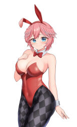 Rule 34 | 1girl, 9696k, absurdres, animal ear hairband, animal ears, black pantyhose, blue eyes, blush, breasts, cleavage, collar, detached collar, fake animal ears, head wings, highres, hololive, large breasts, leotard, looking at viewer, pantyhose, pink hair, playboy bunny, rabbit ear hairband, rabbit ears, red leotard, short hair, smile, solo, strapless, strapless leotard, takane lui, virtual youtuber, white background, white collar, white wrist cuffs, wings, wrist cuffs