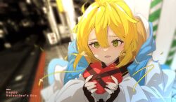 Rule 34 | 1boy, black gloves, blonde hair, blush, box, box of chocolates, bridget (guilty gear), fingerless gloves, gift, gloves, green eyes, guilty gear, guilty gear strive, happy valentine, heart-shaped box, holding, holding gift, hood, hooded jacket, hoodie, jacket, kokorokoko00, long sleeves, looking at viewer, male focus, medium hair, open clothes, open hoodie, open mouth, smile, trap