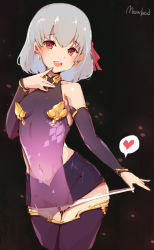Rule 34 | 1girl, :d, artist name, bare shoulders, black background, blush, breasts, commentary request, cropped legs, detached sleeves, earrings, fate/grand order, fate (series), finger to mouth, grey hair, hair ribbon, heart, jewelry, kama (fate), kama (first ascension) (fate), long sleeves, looking at viewer, meow head, miniskirt, navel, open mouth, panties, panty pull, pulled by self, purple skirt, purple thighhighs, red eyes, red ribbon, ribbon, see-through, short hair, simple background, skirt, small breasts, smile, solo, speech bubble, spoken heart, teeth, thighhighs, underwear, upper teeth only