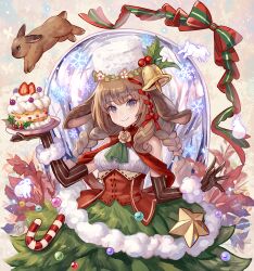 Rule 34 | 1girl, animal ears, bare shoulders, bell, blue eyes, braid, brown hair, cake, candy, candy cane, christmas, closed mouth, elbow gloves, food, fujimaru (green sparrow), gloves, long hair, looking at viewer, original, rabbit, ribbon, smile, star (symbol), twin braids