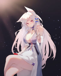 Rule 34 | 1girl, animal ear fluff, animal ears, azur lane, blue dress, breasts, center opening, cleavage, cocktail dress, cup, dress, drinking glass, evening gown, floating, fox ears, halter dress, halterneck, highres, holding, holding cup, kitsune, large breasts, crossed legs, looking at viewer, official alternate costume, purple eyes, ru yan, shinano (azur lane), shinano (dreams of the hazy moon) (azur lane), sitting, sleeveless, sleeveless dress, white hair, wine glass
