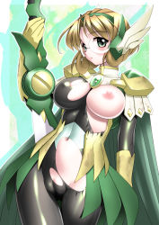 Rule 34 | 1990s (style), 1girl, armor, blonde hair, blush, breasts, cameltoe, cape, cleft of venus, fat mons, female focus, glasses, gloves, green eyes, highres, hououji fuu, large breasts, legs, looking at viewer, magic knight rayearth, navel, nipples, no panties, retro artstyle, sakura ryuuken, short hair, shoulder pads, simple background, skin tight, solo, standing, sword, thighs, torn clothes, weapon