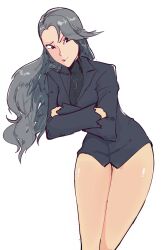 Rule 34 | blazer, bottomless, breasts, brown eyes, convenient censoring, crossed arms, formal, grey hair, jacket, jewelry, legs together, long hair, long sleeves, looking at viewer, medium breasts, necklace, niijima sae, no pants, persona, persona 5, plow (witch parfait), smile, thighs, turtleneck