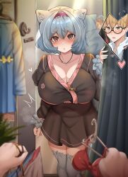Rule 34 | 1boy, 1girl, animal ear fluff, animal ears, arm at side, blonde hair, blue hair, blurry, blurry background, blurry foreground, blush, breasts, brown eyes, character request, cleavage, clothes hanger, collarbone, covered navel, curtains, feet out of frame, glasses, green eyes, hair between eyes, hairband, heart, highres, holding, huge breasts, indoors, jewelry, long sleeves, looking at viewer, medium hair, monster girl encyclopedia, necklace, noiretox, parted lips, pink hairband, pov, ratatoskr (monster girl encyclopedia), semi-rimless eyewear, solo focus, standing, sweat, thick eyebrows, thighhighs, under-rim eyewear