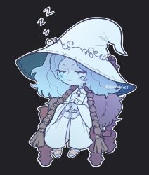 Rule 34 | 1girl, black background, blue skirt, chibi, cloak, cracked skin, dress, elden ring, extra arms, closed eyes, fur cloak, hamsterfeet, hat, highres, large hat, ranni the witch, simple background, skirt, sleeping, solo, witch hat, zzz