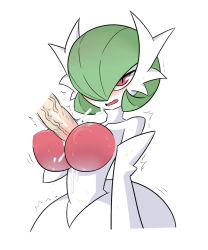 Rule 34 | 1girl, between breasts, blush, breasts, collarbone, creatures (company), cum, cum on body, cum on breasts, cum on upper body, disembodied penis, egnahcio, ejaculation, erection, game freak, gardevoir, gen 3 pokemon, green hair, hair over one eye, half-closed eyes, hand on own chest, hand up, highres, large breasts, looking at viewer, mega gardevoir, mega pokemon, nintendo, nipples, open mouth, orgasm, paizuri, penis, pokemon, pokemon (creature), pokemon rse, red eyes, short hair, simple background, solo, sweat, trembling, upper body, wavy mouth, white background