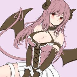 Rule 34 | 1girl, armband, armpit crease, bare shoulders, black gloves, blush, breasts, brown hair, cleavage, closed mouth, collarbone, cross-laced clothes, cuffs, dargo, demon girl, demon horns, demon tail, demon wings, elbow gloves, gloves, halterneck, handcuffs, horns, io (princess connect!), large breasts, long hair, looking at viewer, miniskirt, pink background, pleated skirt, princess connect!, red eyes, sidelocks, simple background, sitting, sketch, skirt, sleeveless, smile, solo, tail, v arms, white skirt, wings
